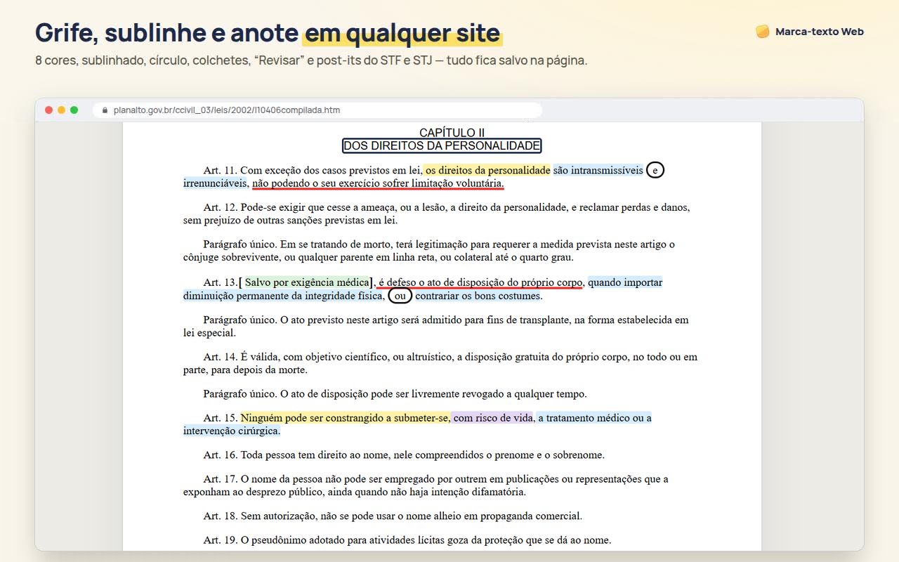 Artigos do Código Civil grifados em amarelo e laranja, com sublinhado, círculo, retângulo e a barra de ferramentas aberta