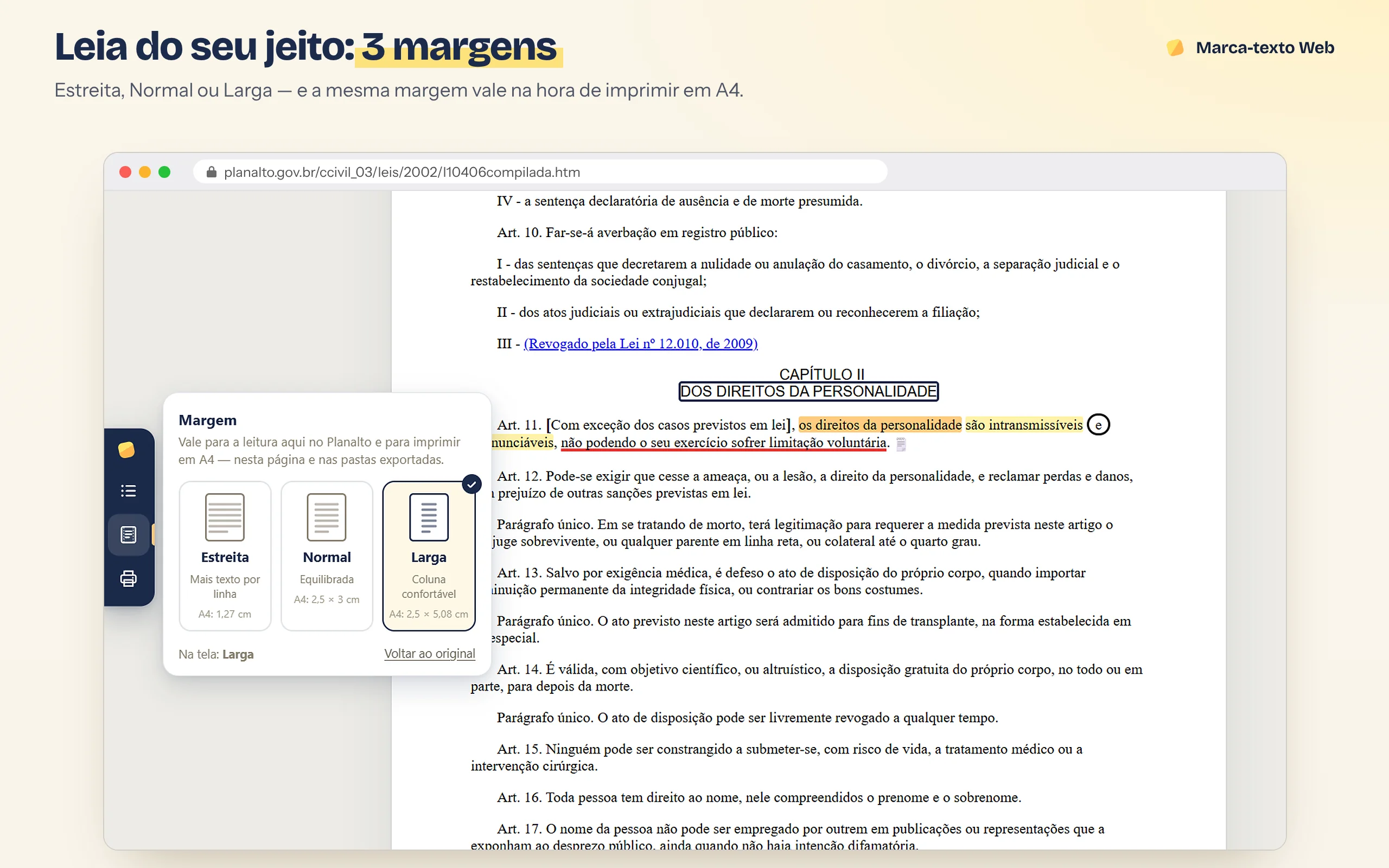 Painel de margem com as opções Estreita, Normal e Larga