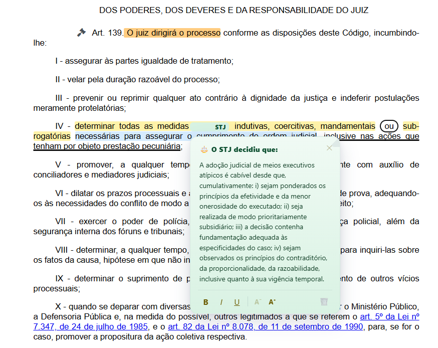 Artigo 139 do Código de Processo Civil com o post-it verde “O STJ decidiu que” e a barra de formatação aberta
