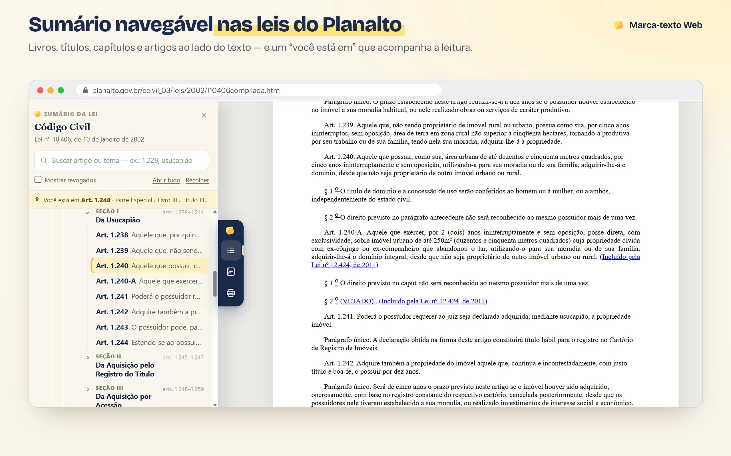 Sumário navegável da lei ao lado do texto, destacando o artigo 1.240